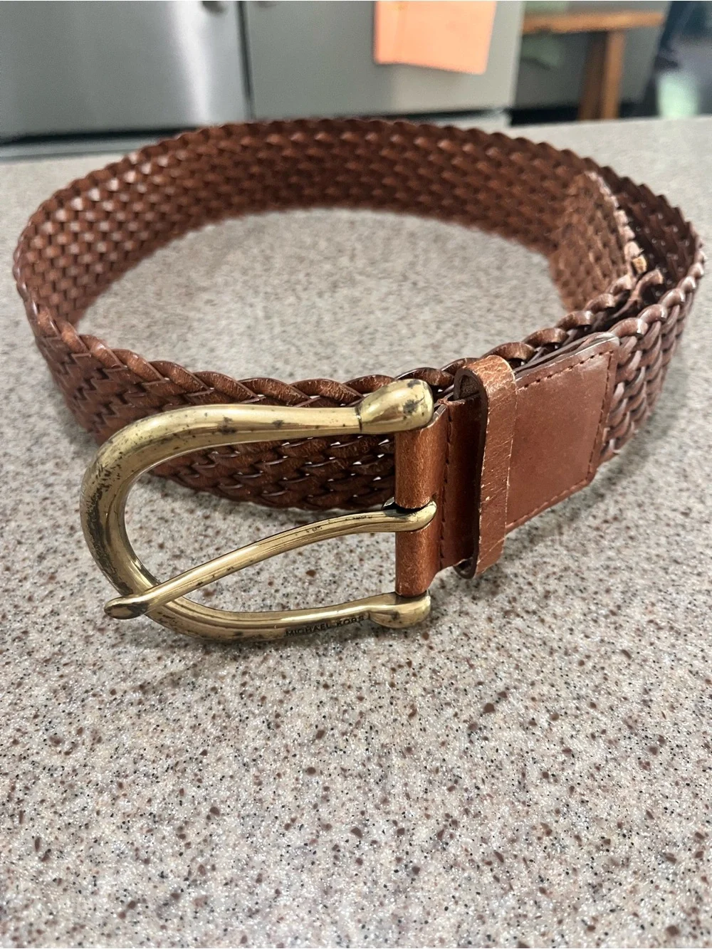 Michael Kors Wide Brown Bonded Leather Belt Brass Buckle Women’s Medium *Flaw
